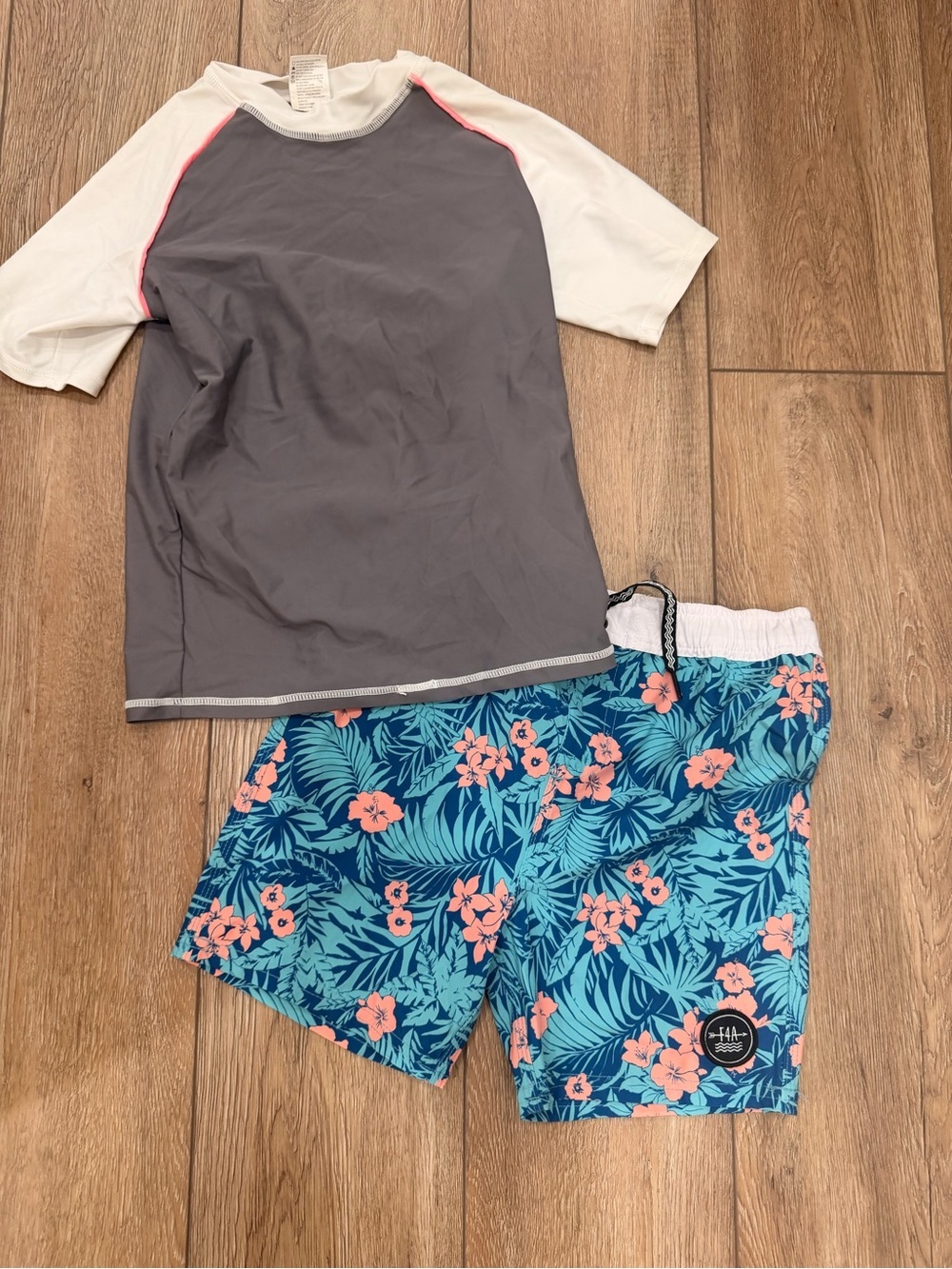 Kids Two-Piece Swim Set - Gray Rash Guard & Blue Floral Swim Shorts 0232